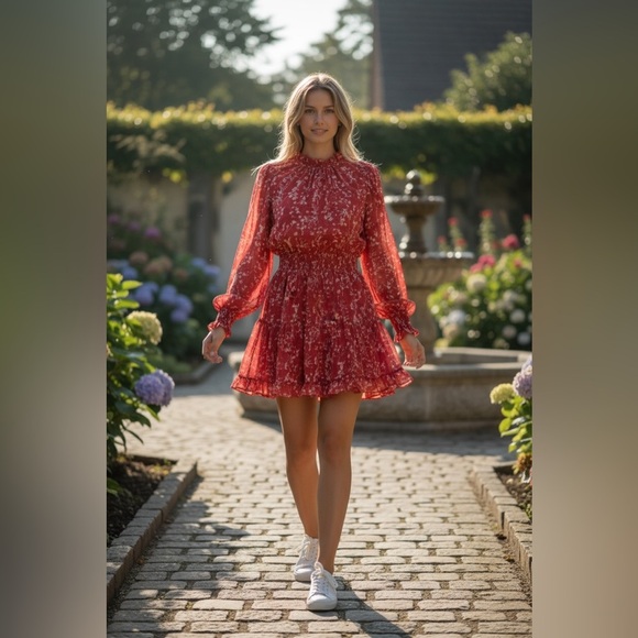 Lulus Dresses & Skirts - Lulu’s Red Floral Chiffon Mini Dress Smocked Waist Long Sleeve Romantic Medium